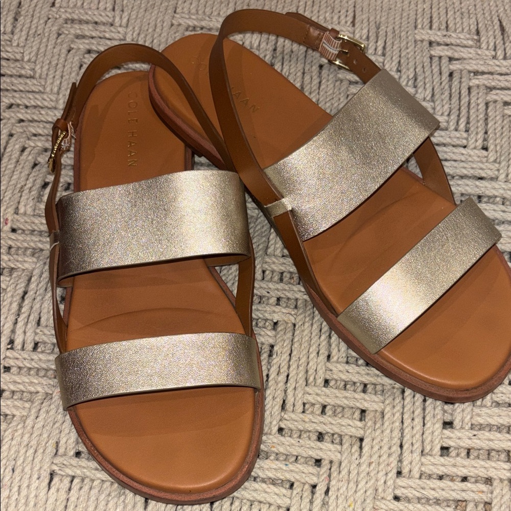 Cole Haan Metallic Gold Double-Strap Slingback Sandals with Tan Footbed